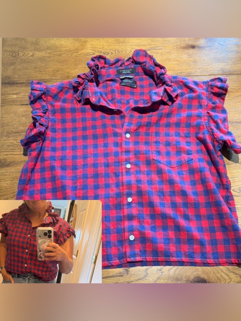 Upcycled Mens shirt Womens Large Ruffled Collar Sleeves Linen red Blue